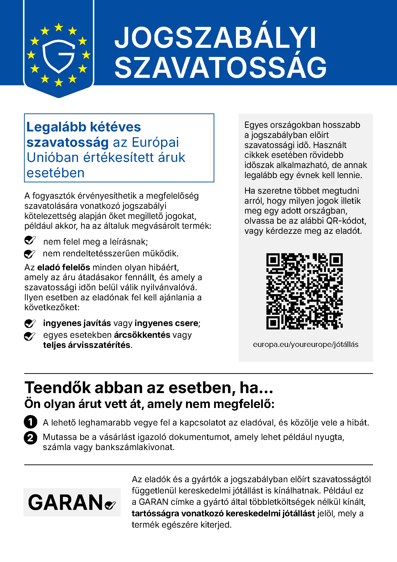 Jogszabályi szavatosság – hivatalos uniós harmonizált értesítés